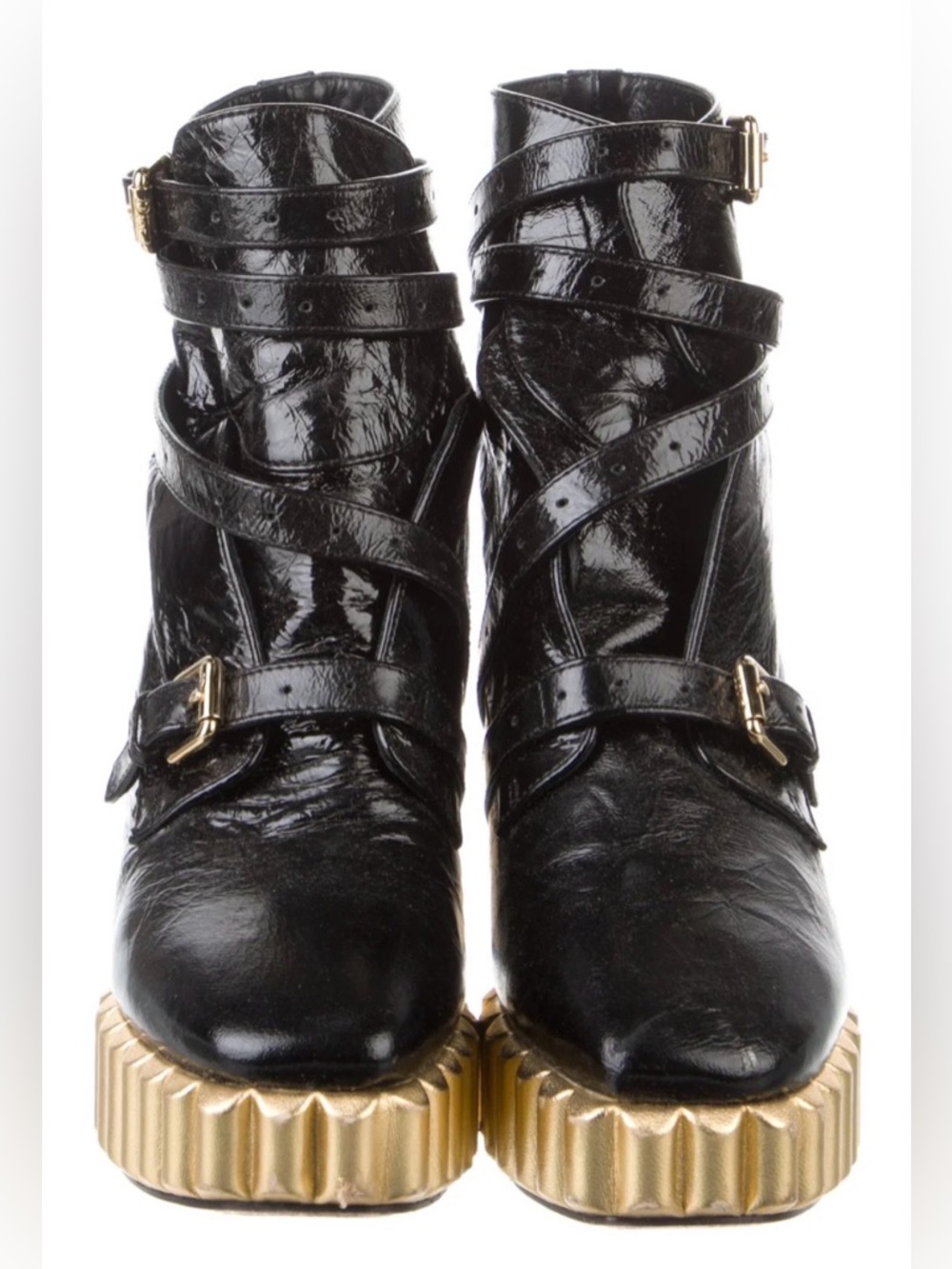Dior Black Patent Leather Ankle Boot with Gold Sculpted Heel - Picture 3 of 5